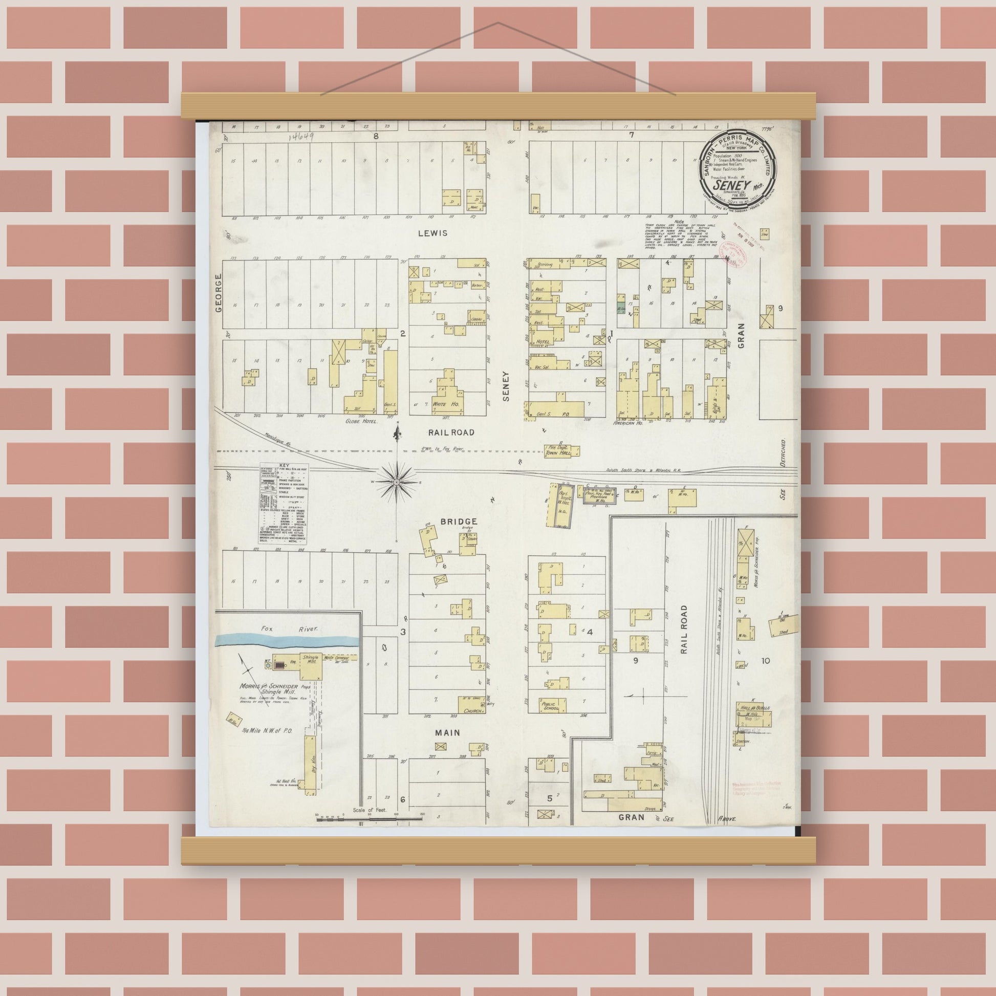 Old map wall art mockup — magnetic wood frame on brick wall — Sanborn Fire Insurance Map from Seney, Schoolcraft County, Michigan (1895), Sheet #0001