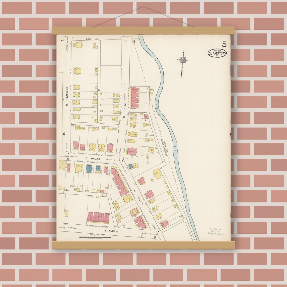 Old map wall art mockup — magnetic wood frame on brick wall — Sanborn Fire Insurance Map from Quakertown, Bucks County, Pennsylvania (1922), Sheet #0005