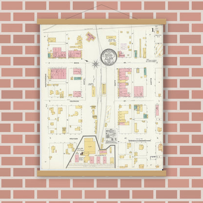 Old map wall art mockup — magnetic wood frame on brick wall — Sanborn Fire Insurance Map from Elgin, Bastrop County, Texas (1905), Sheet #0001