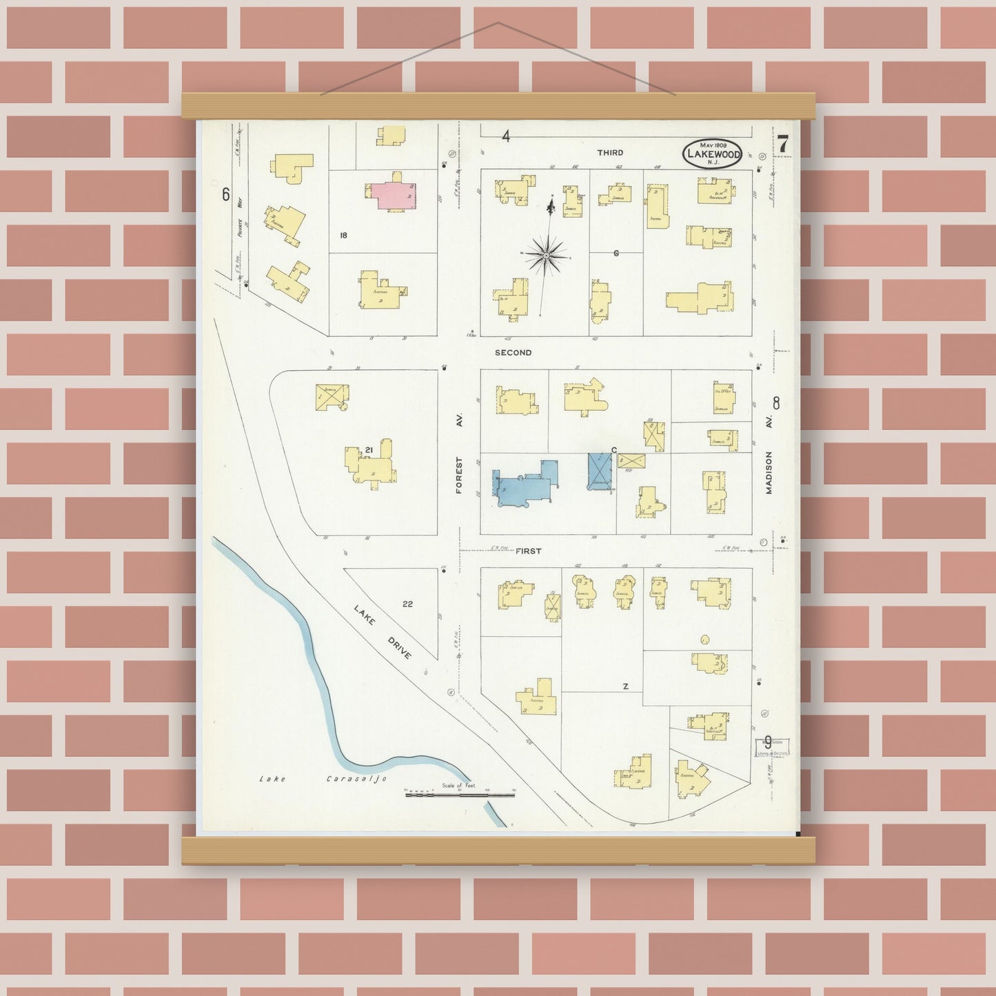 Old map wall art mockup — magnetic wood frame on brick wall — Sanborn Fire Insurance Map from Lakewood, Ocean County, New Jersey (1909), Sheet #0007
