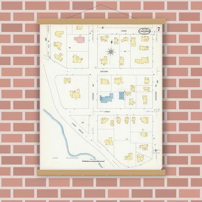 Old map wall art mockup — magnetic wood frame on brick wall — Sanborn Fire Insurance Map from Lakewood, Ocean County, New Jersey (1909), Sheet #0007