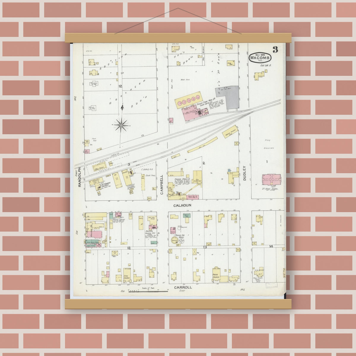 Old map wall art mockup — magnetic wood frame on brick wall — Sanborn Fire Insurance Map from Macomb, Mcdonough County, Illinois (1892), Sheet #0003