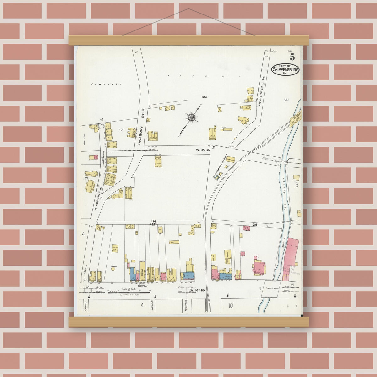Old map wall art mockup — magnetic wood frame on brick wall — Sanborn Fire Insurance Map from Shippensburg, Cumberland And Franklin Counties, Pennsylvania (1921), Sheet #0005