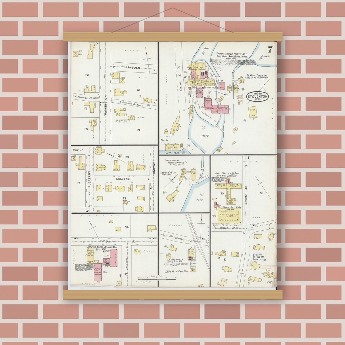 Old map wall art mockup — magnetic wood frame on brick wall — Sanborn Fire Insurance Map from Stoughton, Norfolk County, Massachusetts (1896), Sheet #0007