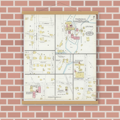 Old map wall art mockup — magnetic wood frame on brick wall — Sanborn Fire Insurance Map from Stoughton, Norfolk County, Massachusetts (1896), Sheet #0007