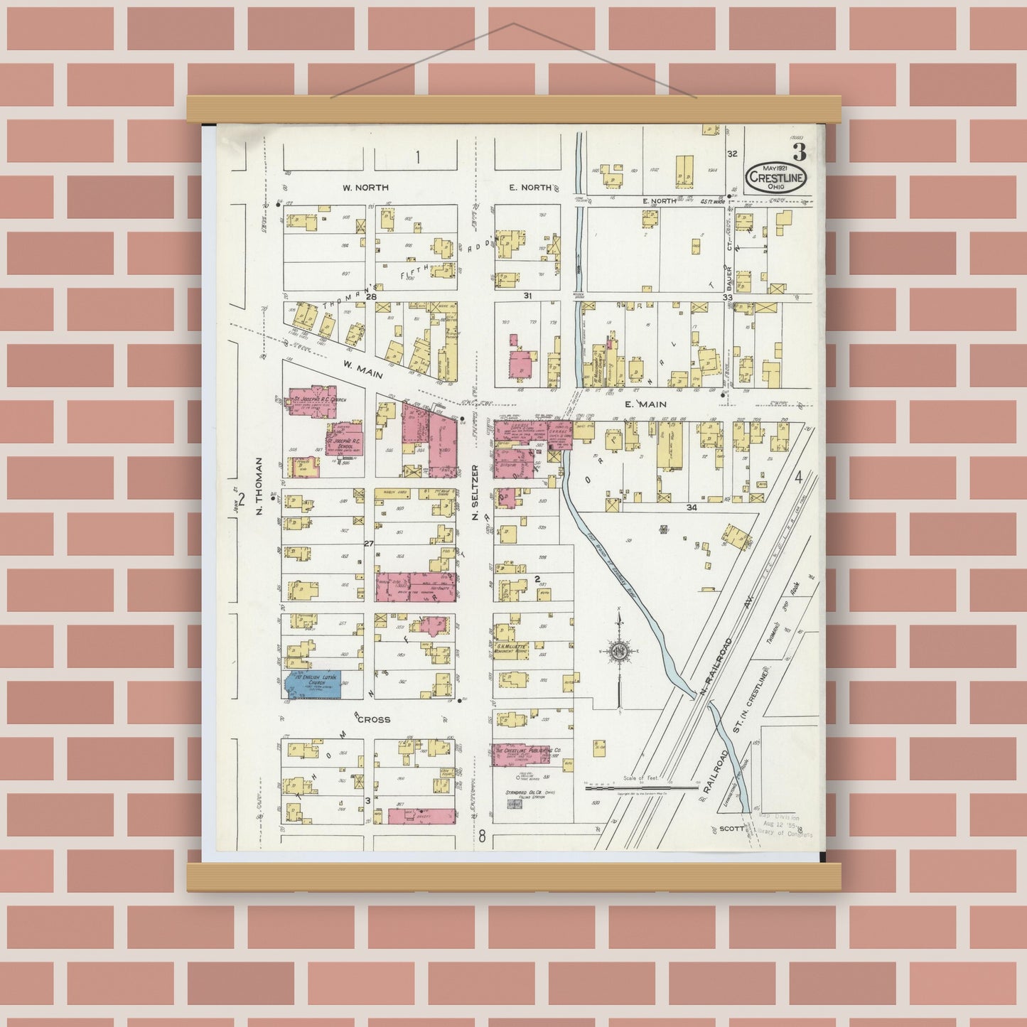 Old map wall art mockup — magnetic wood frame on brick wall — Sanborn Fire Insurance Map from Crestline, Crawford County, Ohio (1921), Sheet #0003