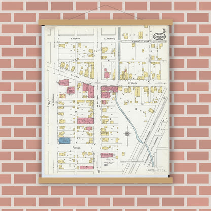 Old map wall art mockup — magnetic wood frame on brick wall — Sanborn Fire Insurance Map from Crestline, Crawford County, Ohio (1921), Sheet #0003