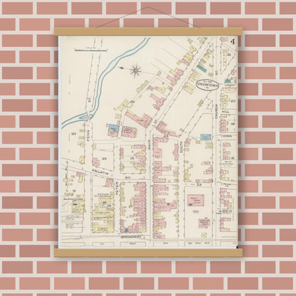 Old map wall art mockup — magnetic wood frame on brick wall — Sanborn Fire Insurance Map from Uniontown, Fayette County, Pennsylvania (1886), Sheet #0004