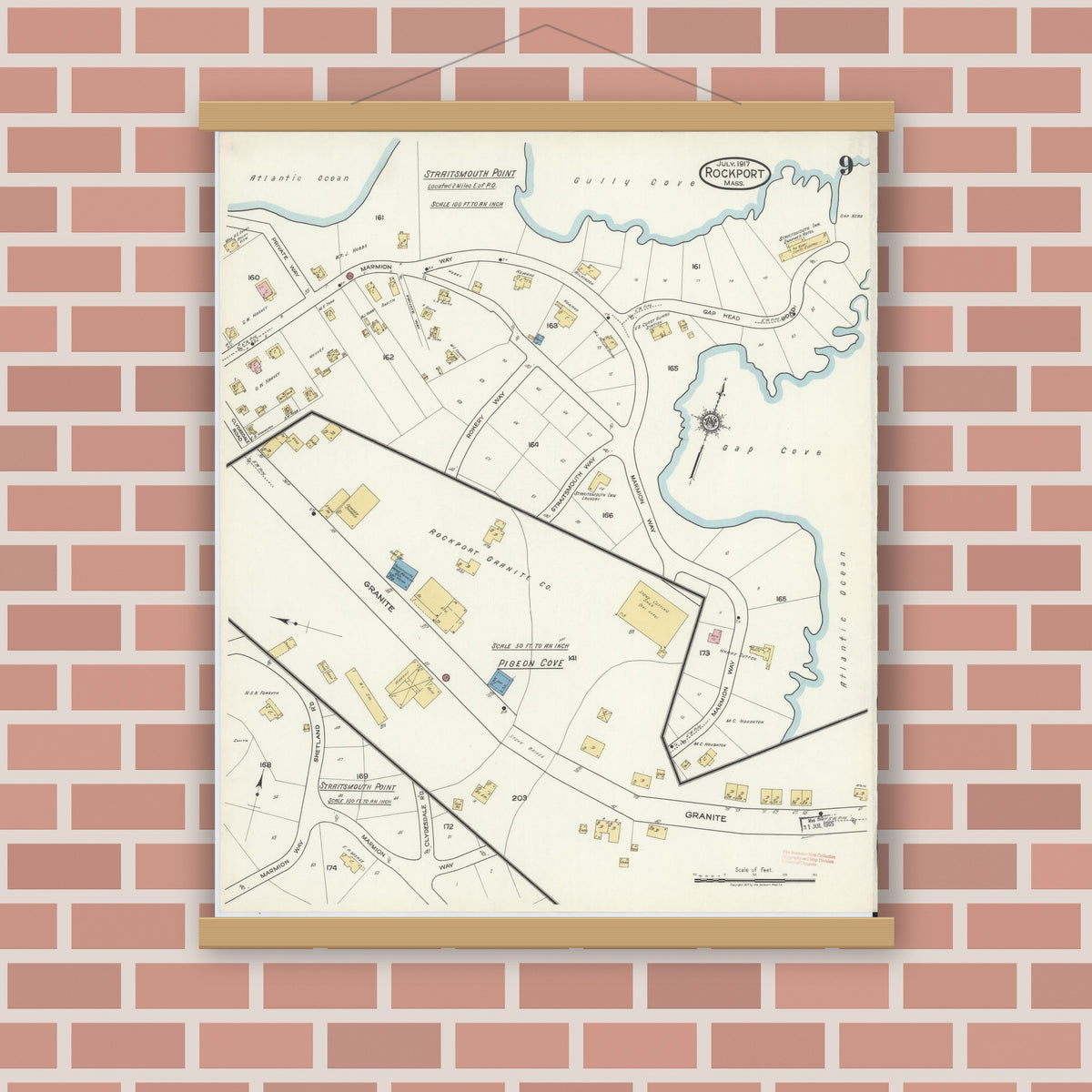 Old map wall art mockup — magnetic wood frame on brick wall — Sanborn Fire Insurance Map from Rockport, Essex County, Massachusetts (1917), Sheet #0009