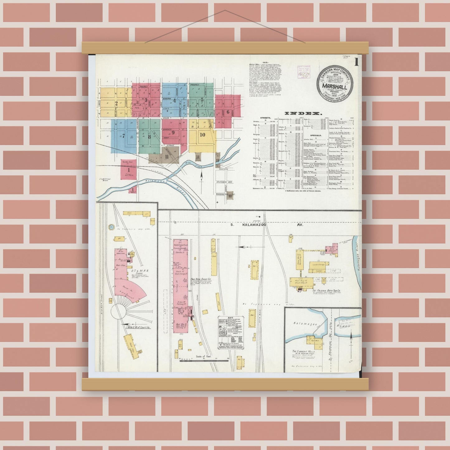 Old map wall art mockup — magnetic wood frame on brick wall — Sanborn Fire Insurance Map from Marshall, Calhoun County, Michigan (1906), Sheet #0001