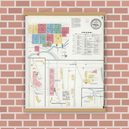 Old map wall art mockup — magnetic wood frame on brick wall — Sanborn Fire Insurance Map from Marshall, Calhoun County, Michigan (1906), Sheet #0001