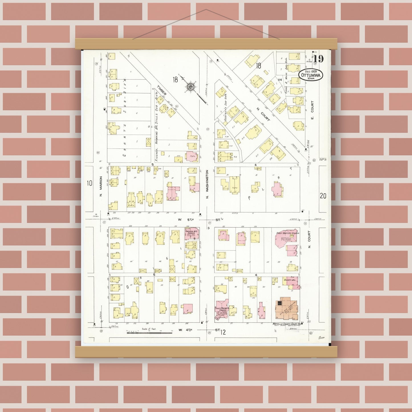 Old map wall art mockup — magnetic wood frame on brick wall — Sanborn Fire Insurance Map from Ottumwa, Wapello County, Iowa (1909), Sheet #0019