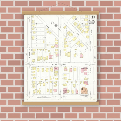 Old map wall art mockup — magnetic wood frame on brick wall — Sanborn Fire Insurance Map from Ottumwa, Wapello County, Iowa (1909), Sheet #0019