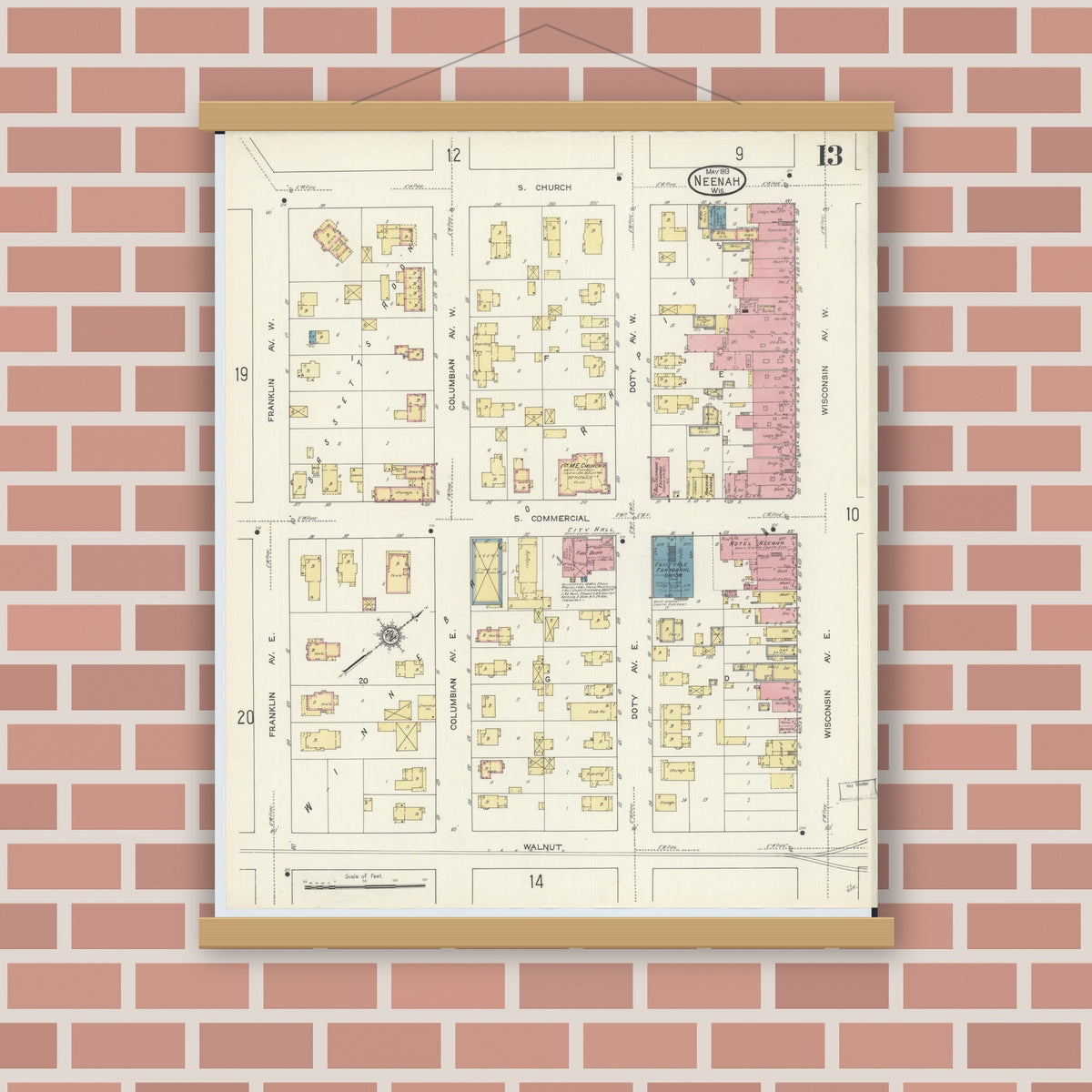 Old map wall art mockup — magnetic wood frame on brick wall — Sanborn Fire Insurance Map from Neenah, Winnebago County, Wisconsin (1913), Sheet #0013