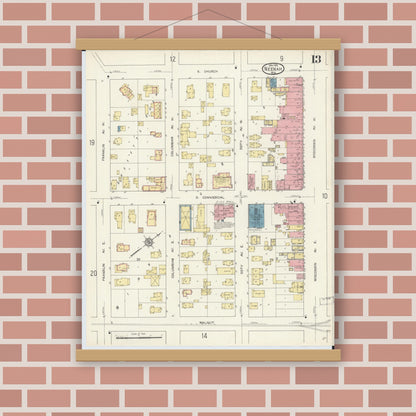 Old map wall art mockup — magnetic wood frame on brick wall — Sanborn Fire Insurance Map from Neenah, Winnebago County, Wisconsin (1913), Sheet #0013