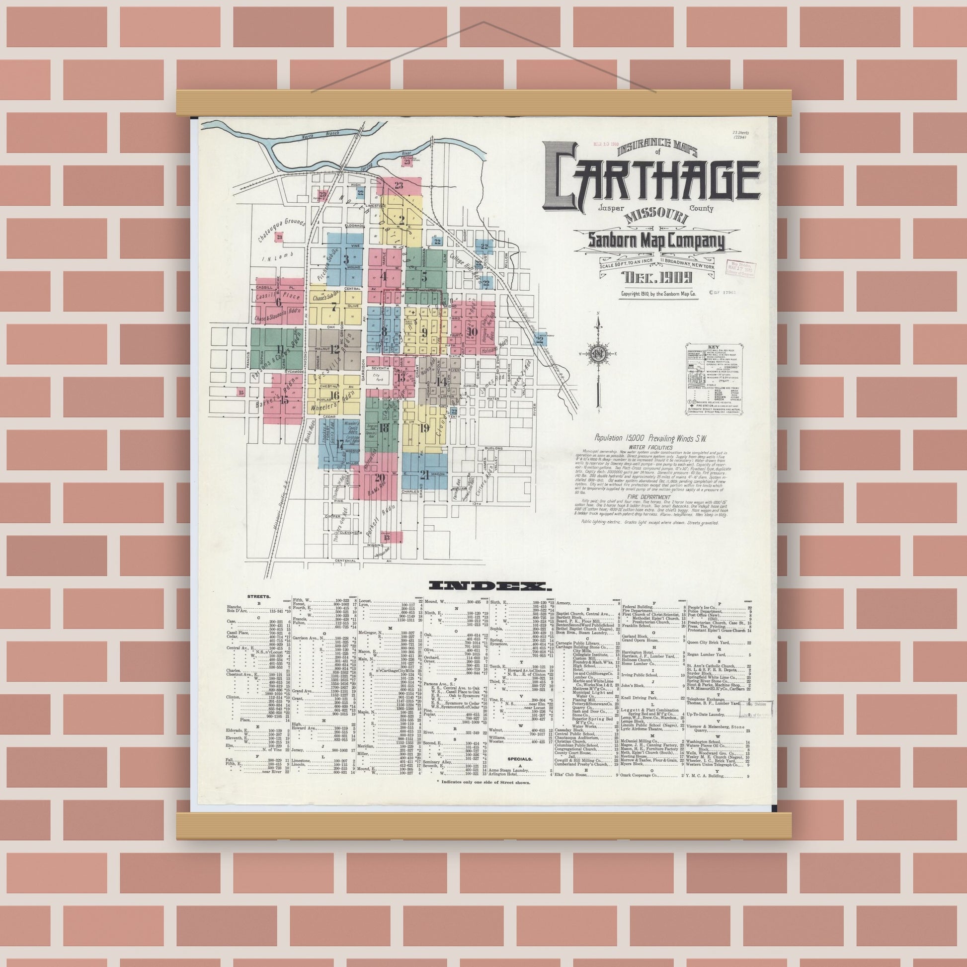 Old map wall art mockup — magnetic wood frame on brick wall — Sanborn Fire Insurance Map from Carthage, Jasper County, Missouri (1909) - Complete Map Set