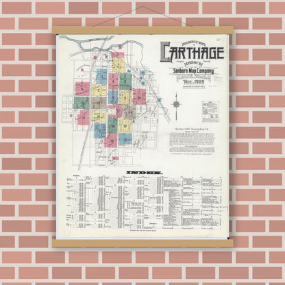 Old map wall art mockup — magnetic wood frame on brick wall — Sanborn Fire Insurance Map from Carthage, Jasper County, Missouri (1909) - Complete Map Set
