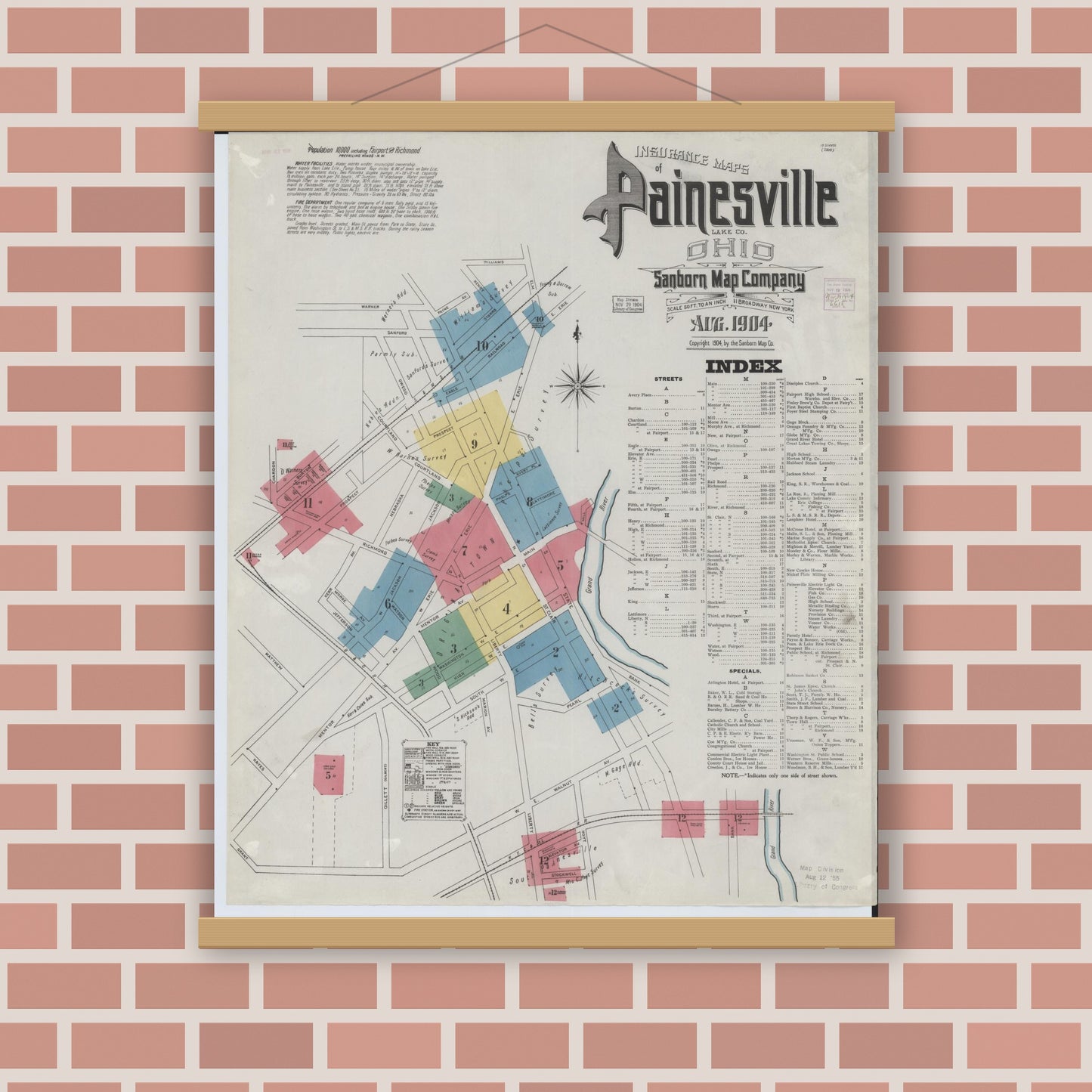 Old map wall art mockup — magnetic wood frame on brick wall — Sanborn Fire Insurance Map from Painesville, Lake County, Ohio (1904), Sheet #0001