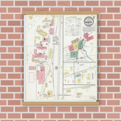Old map wall art mockup — magnetic wood frame on brick wall — Sanborn Fire Insurance Map from Geneva, Ashtabula County, Ohio (1904) - Complete Map Set