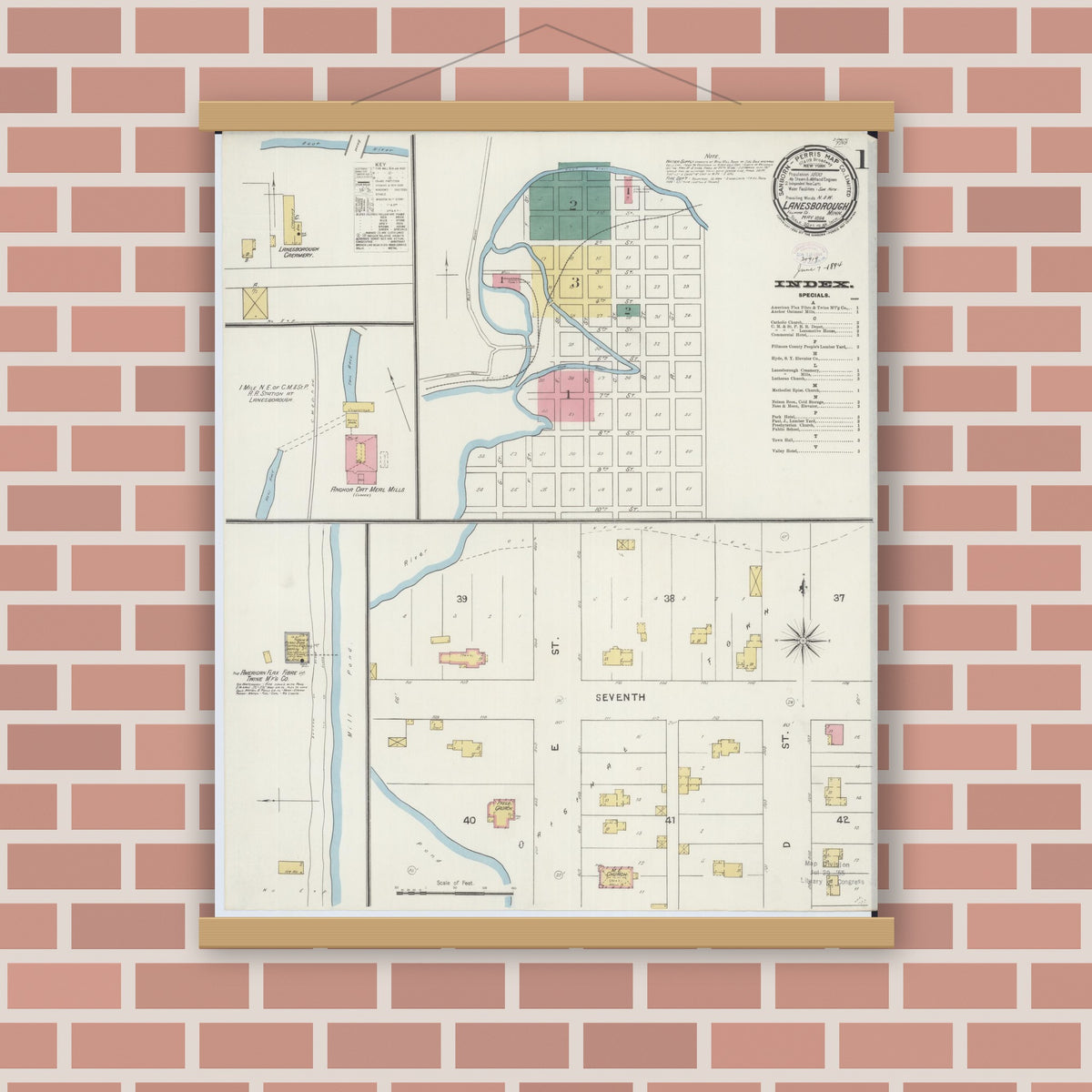 Old map wall art mockup — magnetic wood frame on brick wall — Sanborn Fire Insurance Map from Lanesboro, Fillmore County, Minnesota (1894) - Complete Map Set