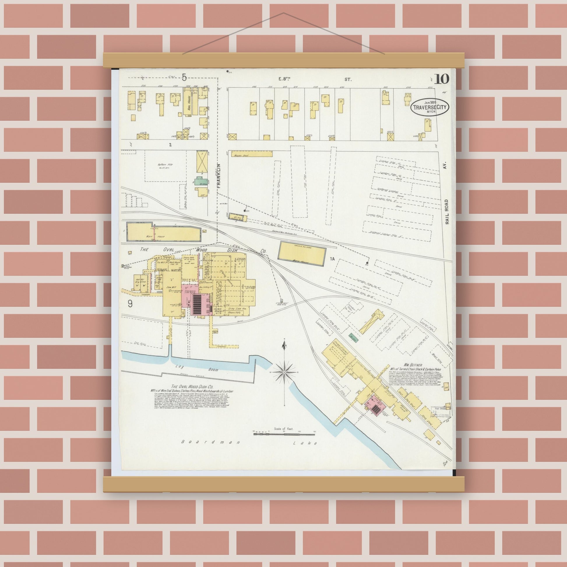 Old map wall art mockup — magnetic wood frame on brick wall — Sanborn Fire Insurance Map from Traverse City, Grand Traverse County, Michigan (1899), Sheet #0010