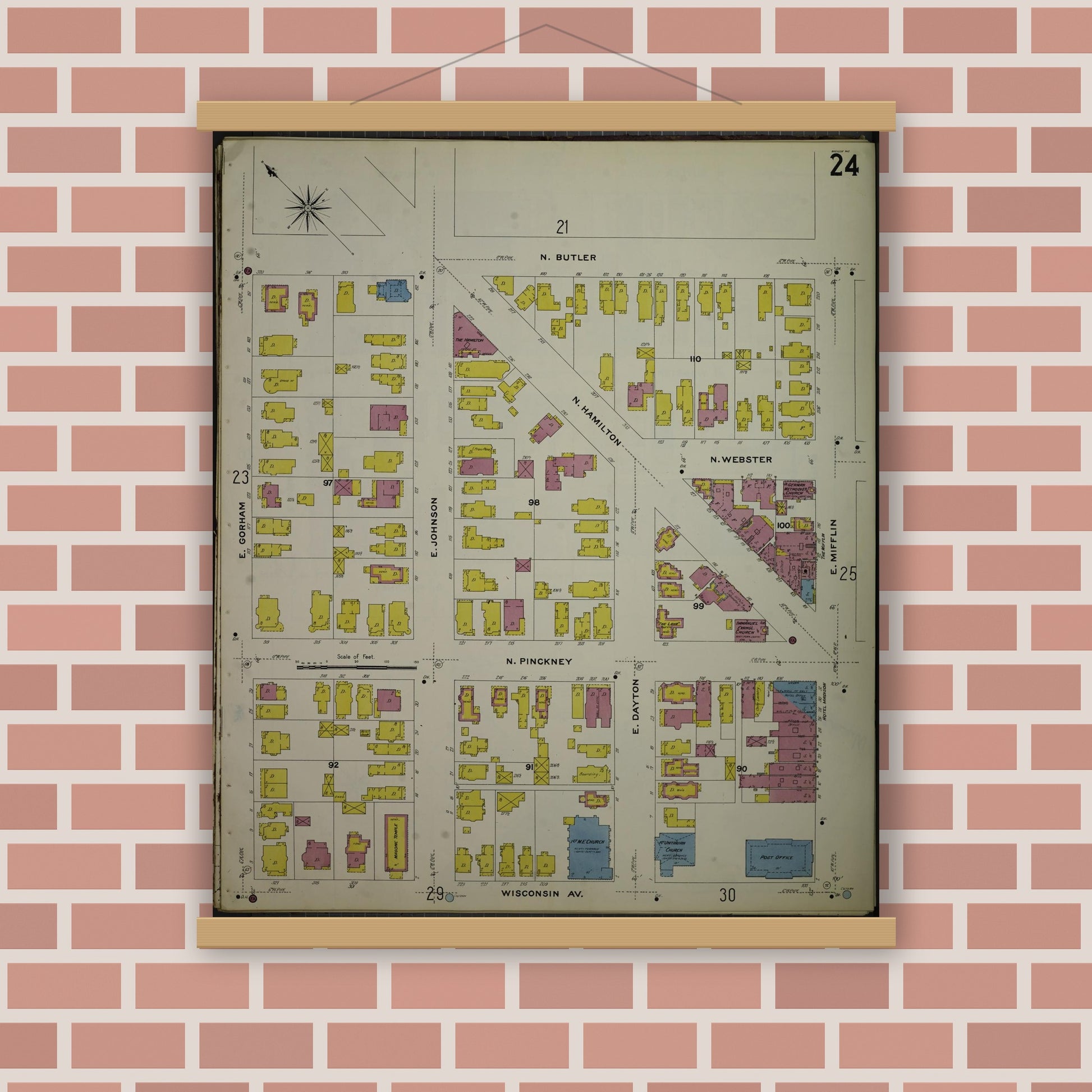 Old map wall art mockup — magnetic wood frame on brick wall — Sanborn Fire Insurance Map from Madison, Dane County, Wisconsin (1908), Sheet #0024