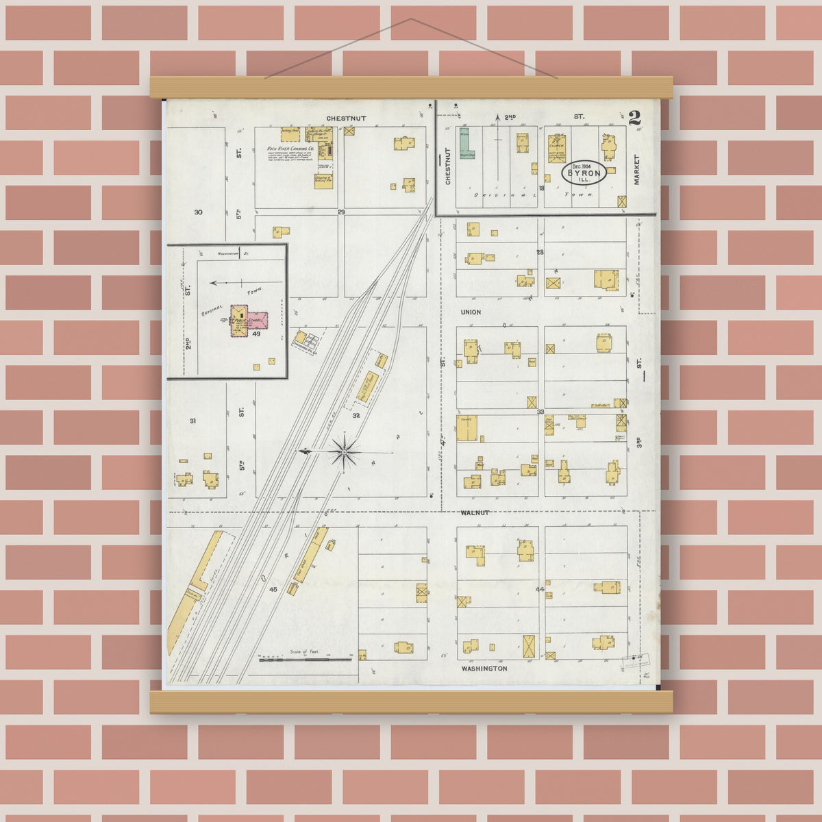Old map wall art mockup — magnetic wood frame on brick wall — Sanborn Fire Insurance Map from Byron, Ogle County, Illinois (1904), Sheet #0002