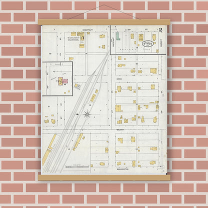 Old map wall art mockup — magnetic wood frame on brick wall — Sanborn Fire Insurance Map from Byron, Ogle County, Illinois (1904), Sheet #0002
