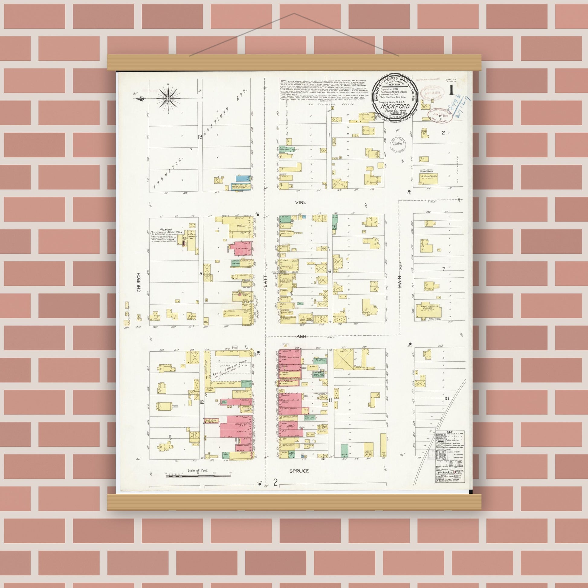 Old map wall art mockup — magnetic wood frame on brick wall — Sanborn Fire Insurance Map from Rockford, Floyd County, Iowa (1899) â€” Complete Set