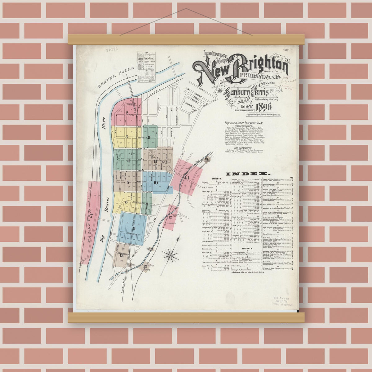 Old map wall art mockup — magnetic wood frame on brick wall — Sanborn Fire Insurance Map from New Brighton, Beaver County, Pennsylvania (1896), Sheet #0001