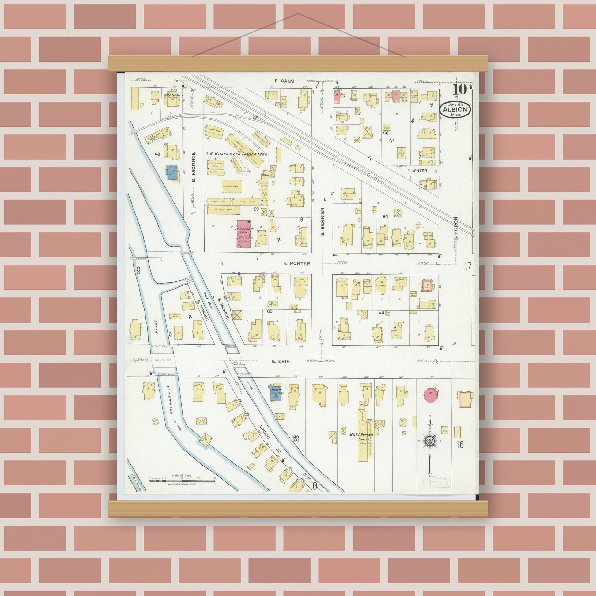 Old map wall art mockup — magnetic wood frame on brick wall — Sanborn Fire Insurance Map from Albion, Calhoun County, Michigan (1918), Sheet #0010