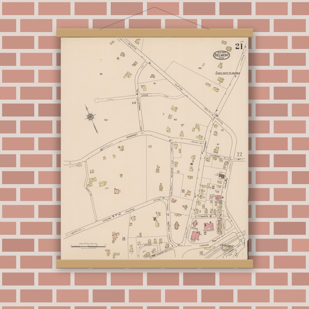 Old map wall art mockup — magnetic wood frame on brick wall — Sanborn Fire Insurance Map from Belmont, Middlesex County, Massachusetts (1922), Sheet #0021