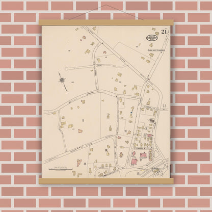 Old map wall art mockup — magnetic wood frame on brick wall — Sanborn Fire Insurance Map from Belmont, Middlesex County, Massachusetts (1922), Sheet #0021
