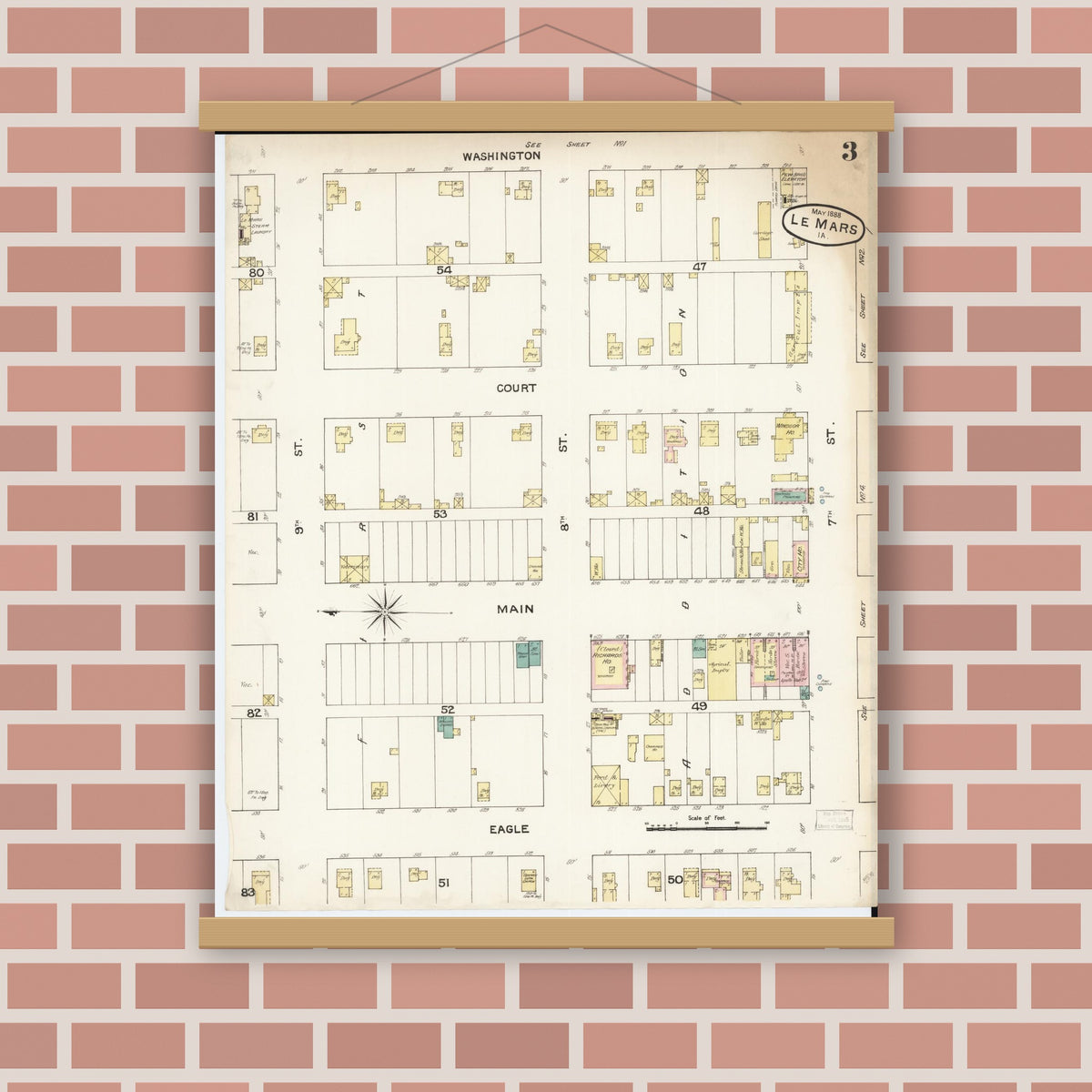 Old map wall art mockup — magnetic wood frame on brick wall — Sanborn Fire Insurance Map from Le Mars, Plymouth County, Iowa (1888), Sheet #0003