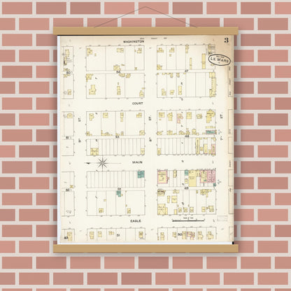 Old map wall art mockup — magnetic wood frame on brick wall — Sanborn Fire Insurance Map from Le Mars, Plymouth County, Iowa (1888), Sheet #0003