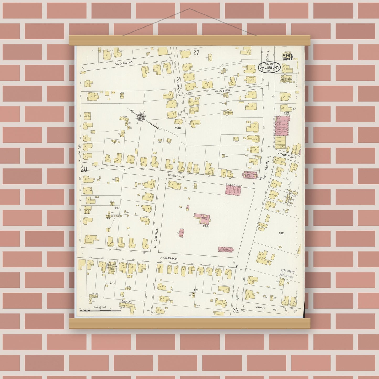 Old map wall art mockup — magnetic wood frame on brick wall — Sanborn Fire Insurance Map from Salisbury, Rowan County, North Carolina (1913), Sheet #0029