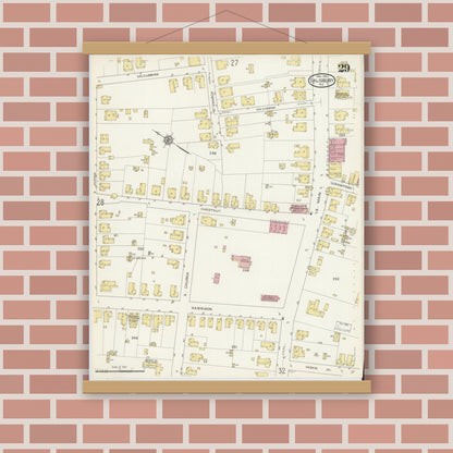 Old map wall art mockup — magnetic wood frame on brick wall — Sanborn Fire Insurance Map from Salisbury, Rowan County, North Carolina (1913), Sheet #0029
