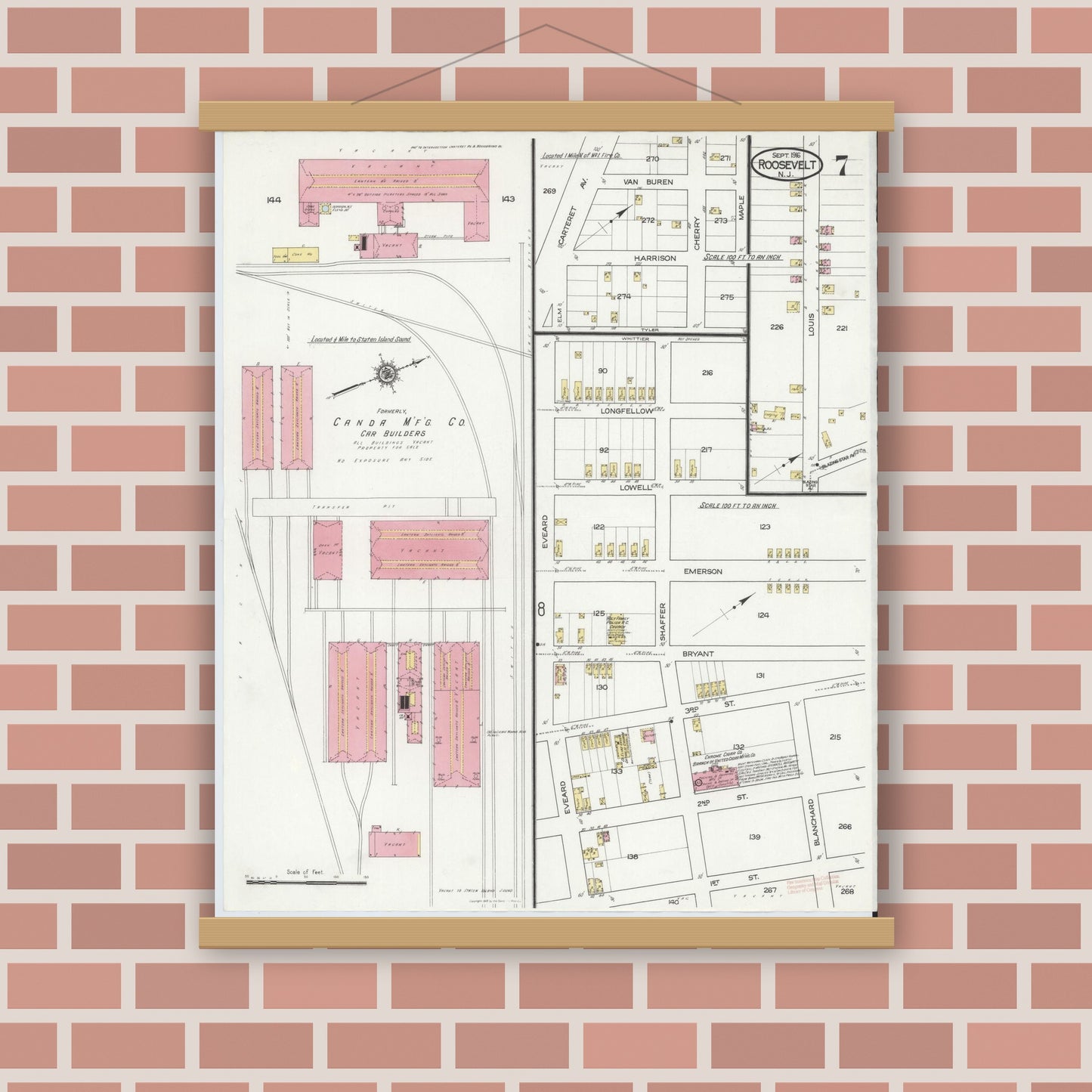 Old map wall art mockup — magnetic wood frame on brick wall — Sanborn Fire Insurance Map from Roosevelt, Middlesex County, New Jersey (1916), Sheet #0007