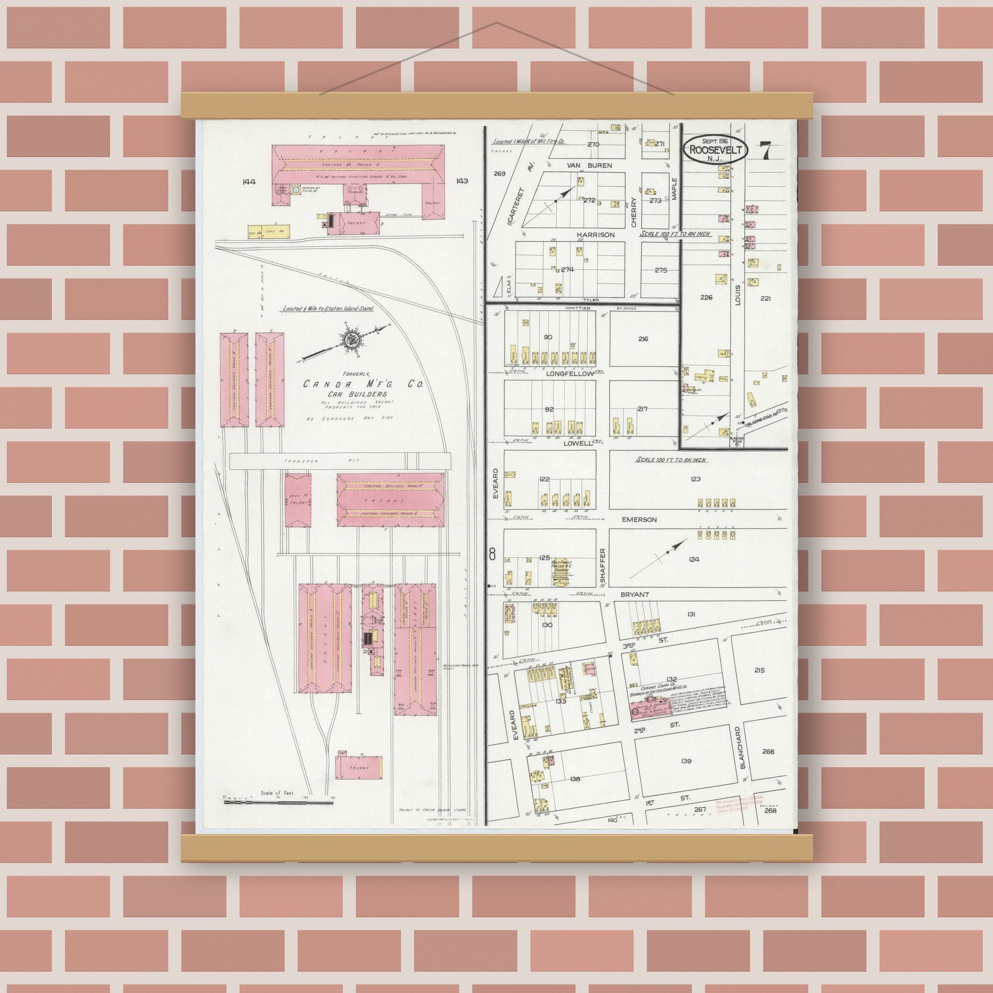 Old map wall art mockup — magnetic wood frame on brick wall — Sanborn Fire Insurance Map from Roosevelt, Middlesex County, New Jersey (1916), Sheet #0007