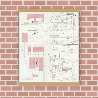 Old map wall art mockup — magnetic wood frame on brick wall — Sanborn Fire Insurance Map from Roosevelt, Middlesex County, New Jersey (1916), Sheet #0007