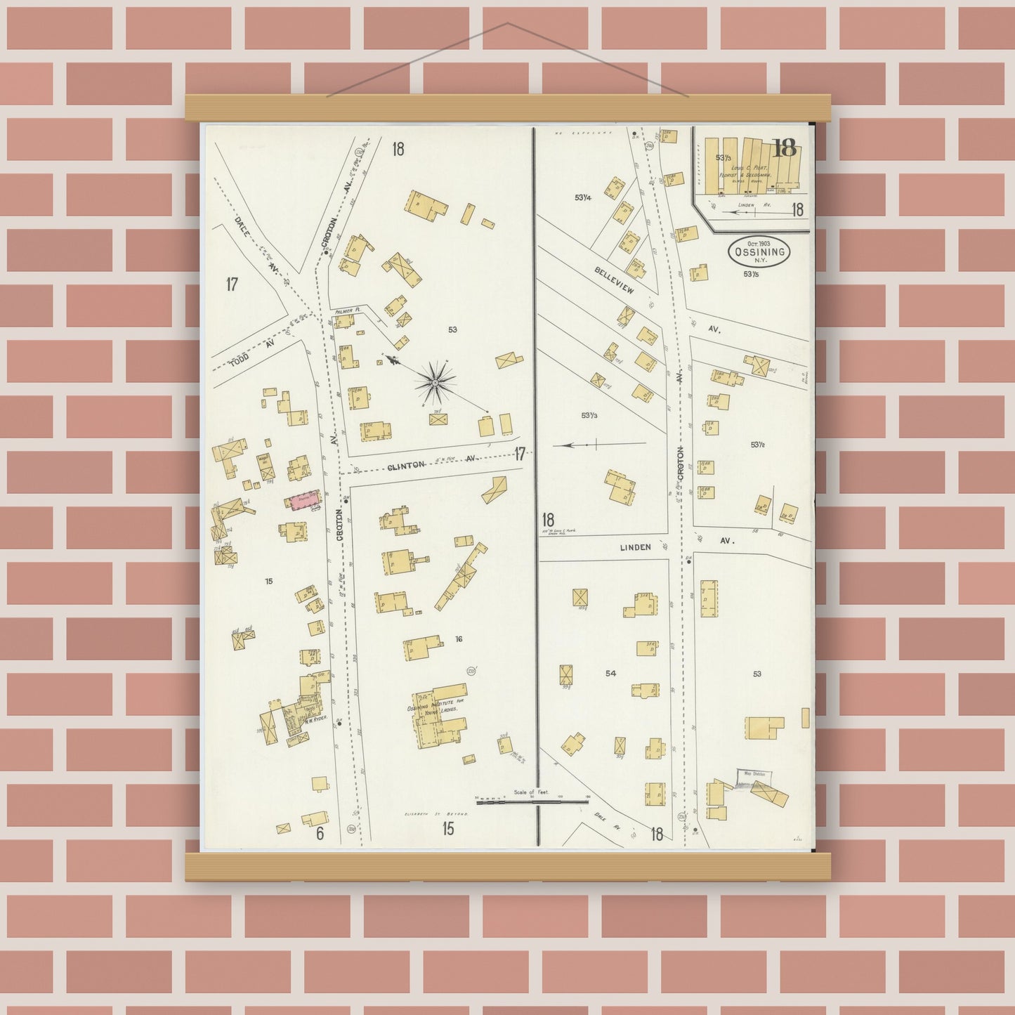 Old map wall art mockup — magnetic wood frame on brick wall — Sanborn Fire Insurance Map from Ossining, Westchester County, New York (1903), Sheet #0018