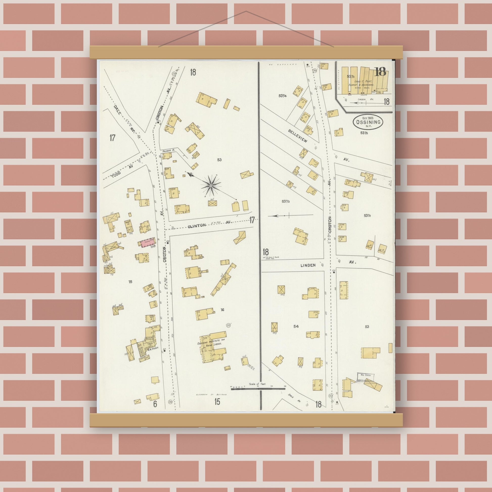 Old map wall art mockup — magnetic wood frame on brick wall — Sanborn Fire Insurance Map from Ossining, Westchester County, New York (1903), Sheet #0018
