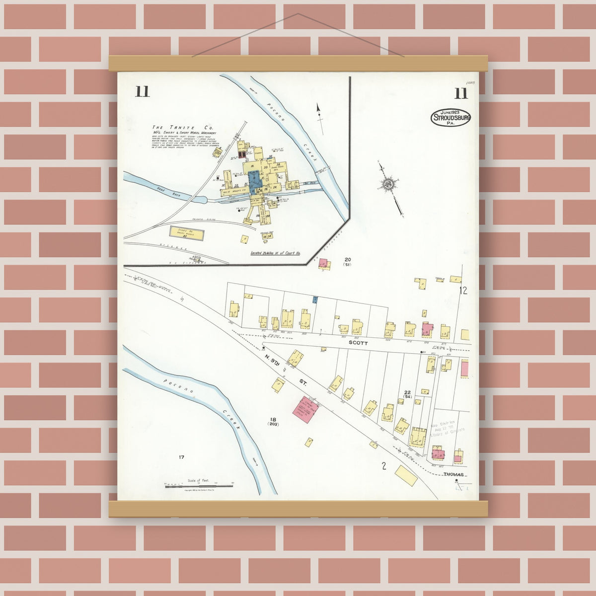 Old map wall art mockup — magnetic wood frame on brick wall — Sanborn Fire Insurance Map from Stroudsburg, Monroe County, Pennsylvania (1923), Sheet #0011