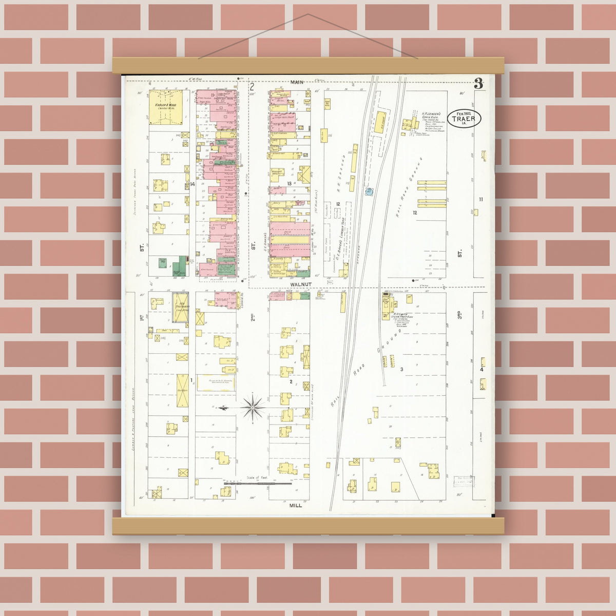 Old map wall art mockup — magnetic wood frame on brick wall — Sanborn Fire Insurance Map from Traer, Tama County, Iowa (1902), Sheet #0003
