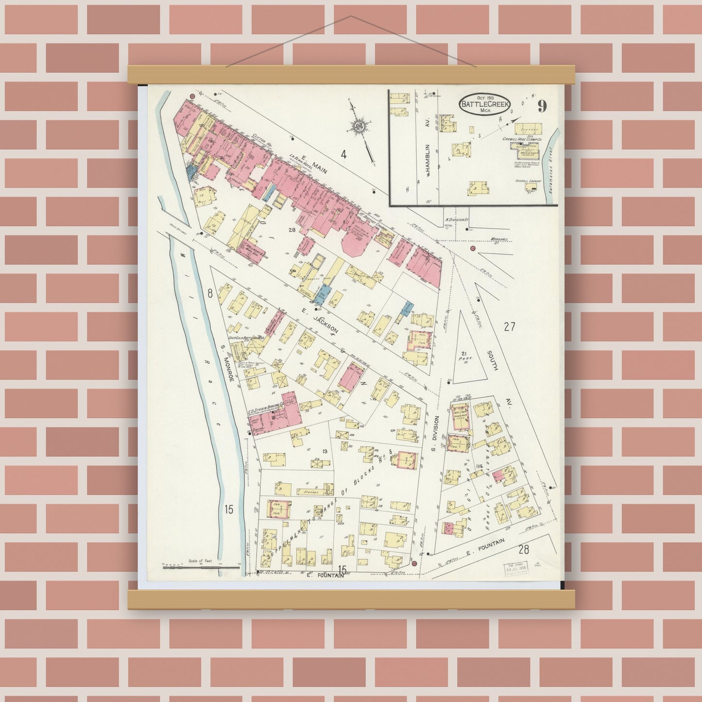 Old map wall art mockup — magnetic wood frame on brick wall — Sanborn Fire Insurance Map from Battle Creek, Calhoun County, Michigan (1913), Sheet #0009