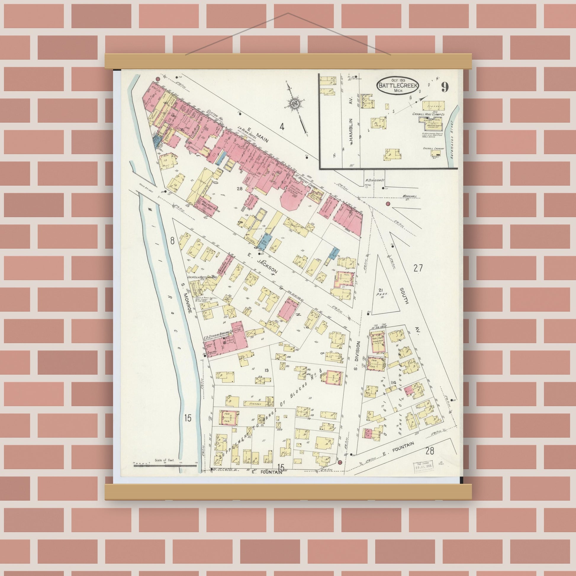 Old map wall art mockup — magnetic wood frame on brick wall — Sanborn Fire Insurance Map from Battle Creek, Calhoun County, Michigan (1913), Sheet #0009