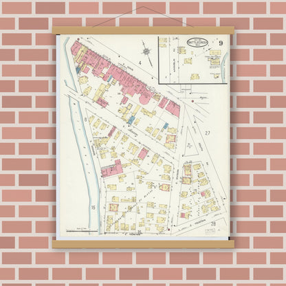 Old map wall art mockup — magnetic wood frame on brick wall — Sanborn Fire Insurance Map from Battle Creek, Calhoun County, Michigan (1913), Sheet #0009