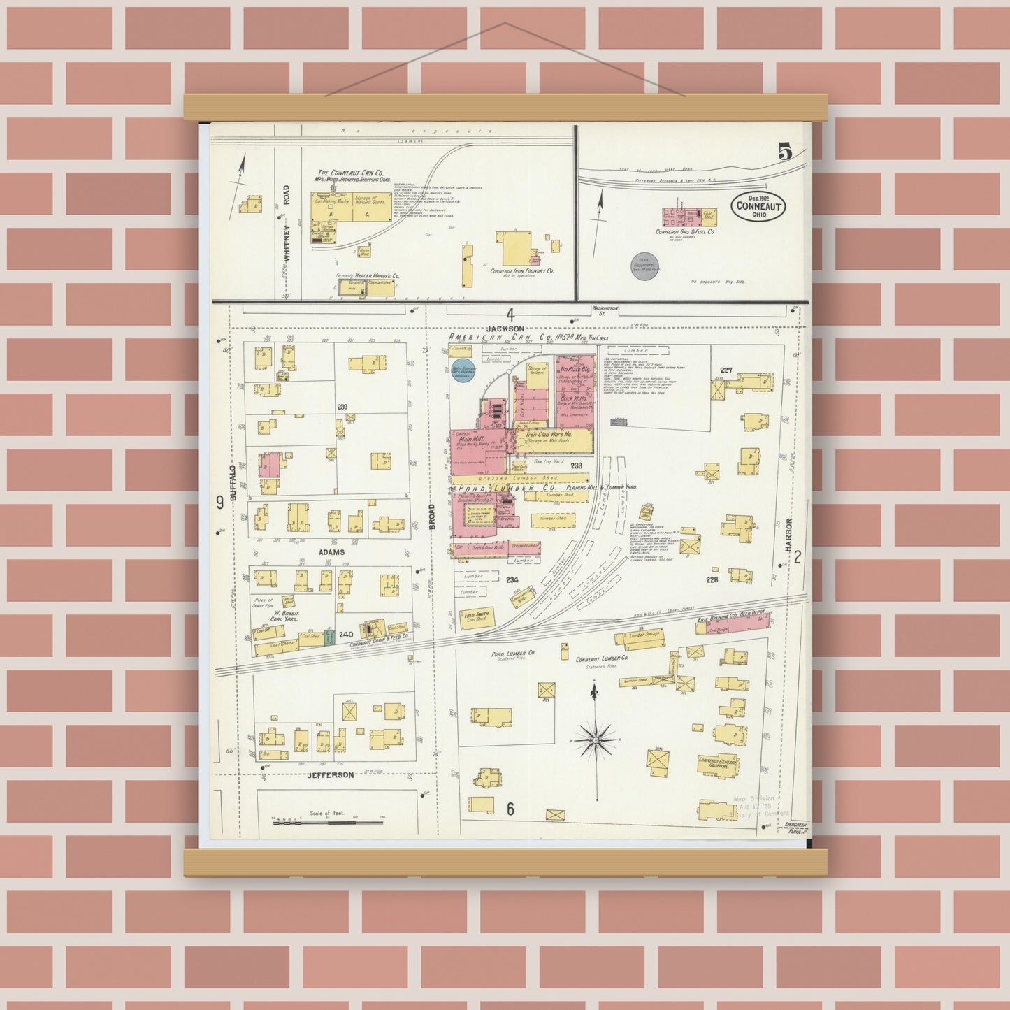 Old map wall art mockup — magnetic wood frame on brick wall — Sanborn Fire Insurance Map from Conneaut, Ashtabula County, Ohio (1902), Sheet #0005