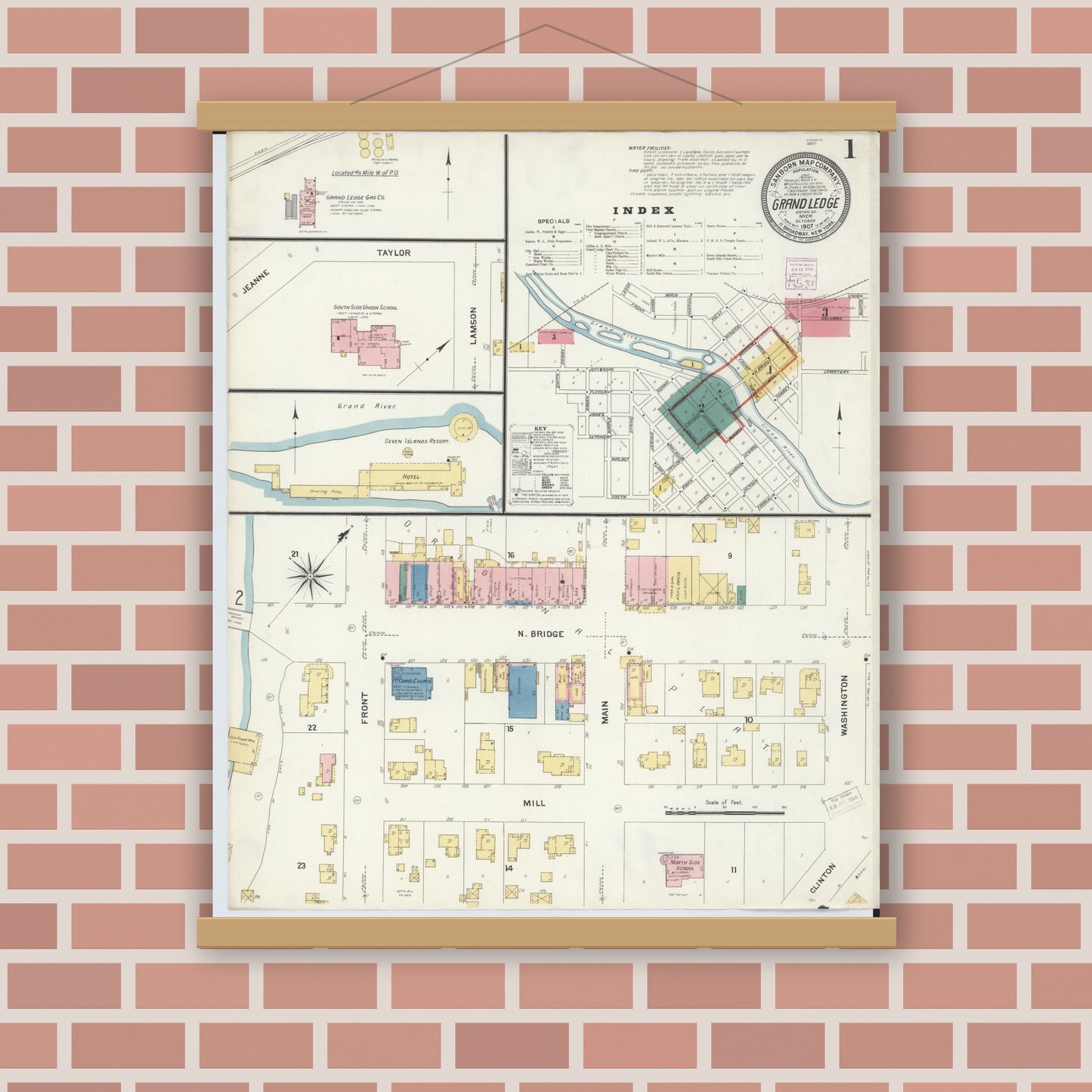 Old map wall art mockup — magnetic wood frame on brick wall — Sanborn Fire Insurance Map from Grand Ledge, Eaton County, Michigan (1907) - Complete Map Set
