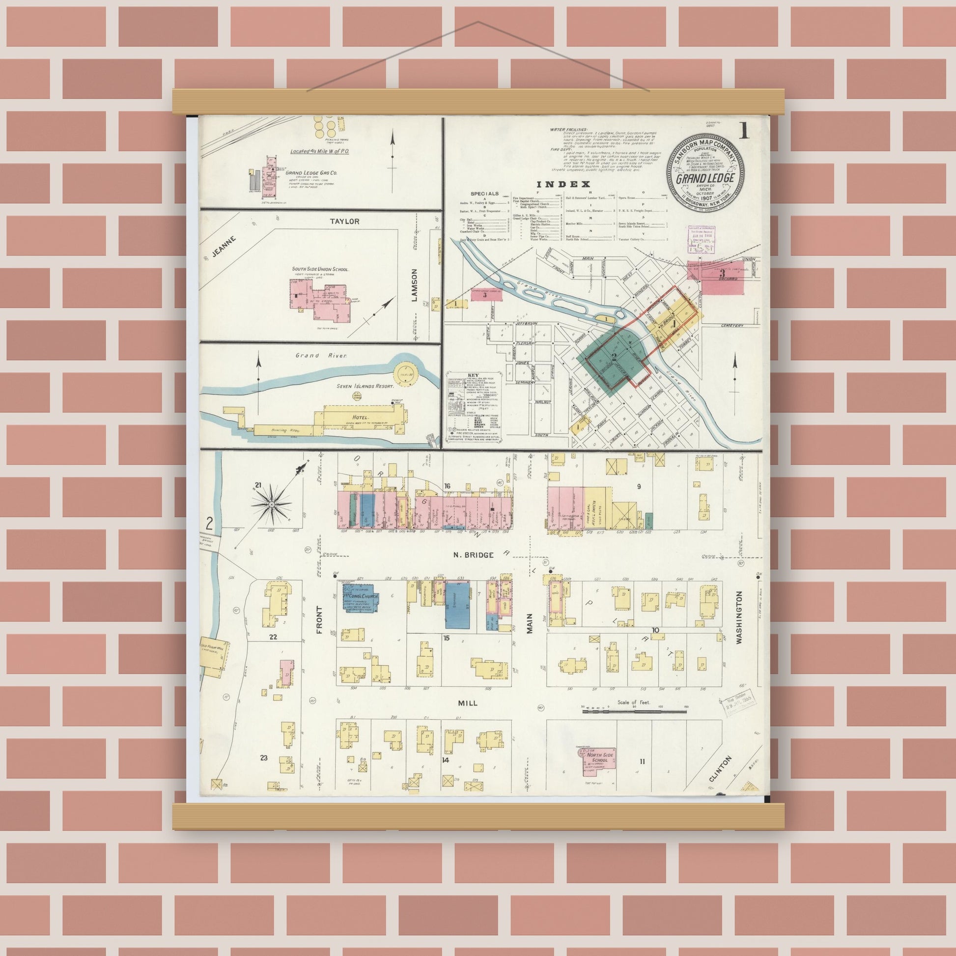Old map wall art mockup — magnetic wood frame on brick wall — Sanborn Fire Insurance Map from Grand Ledge, Eaton County, Michigan (1907) - Complete Map Set